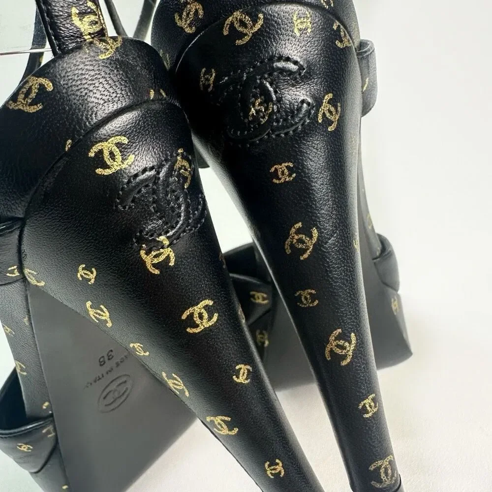 CHANEL 2023 All Over Interlocking CC Logo Black Heels Size 38 Platform Cap Toe